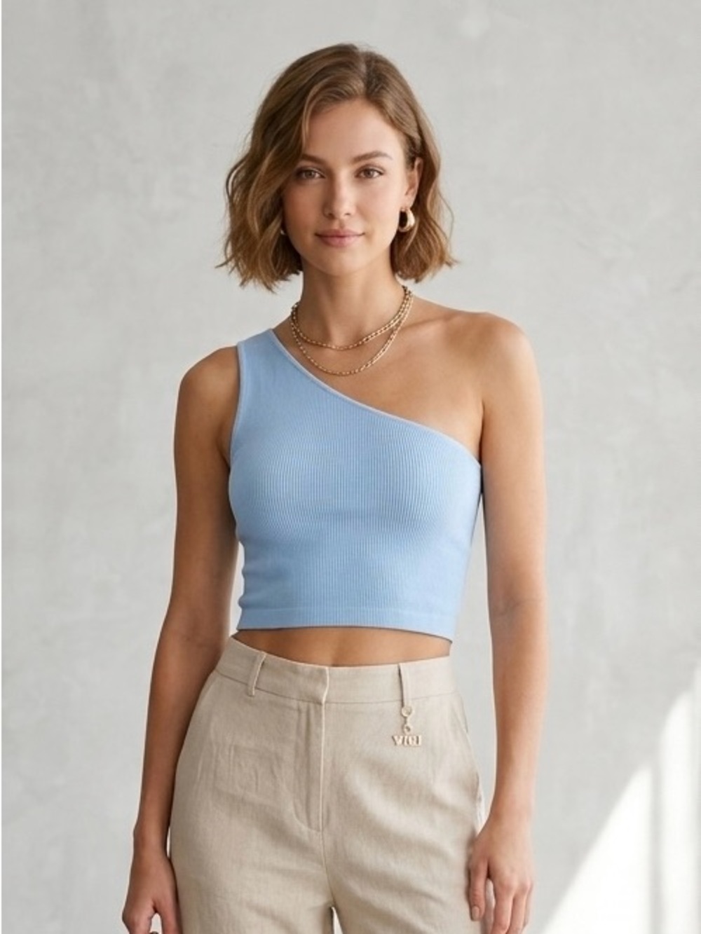 One-Shoulder Ribbed Knit Cropped Tank Top - Light Blue